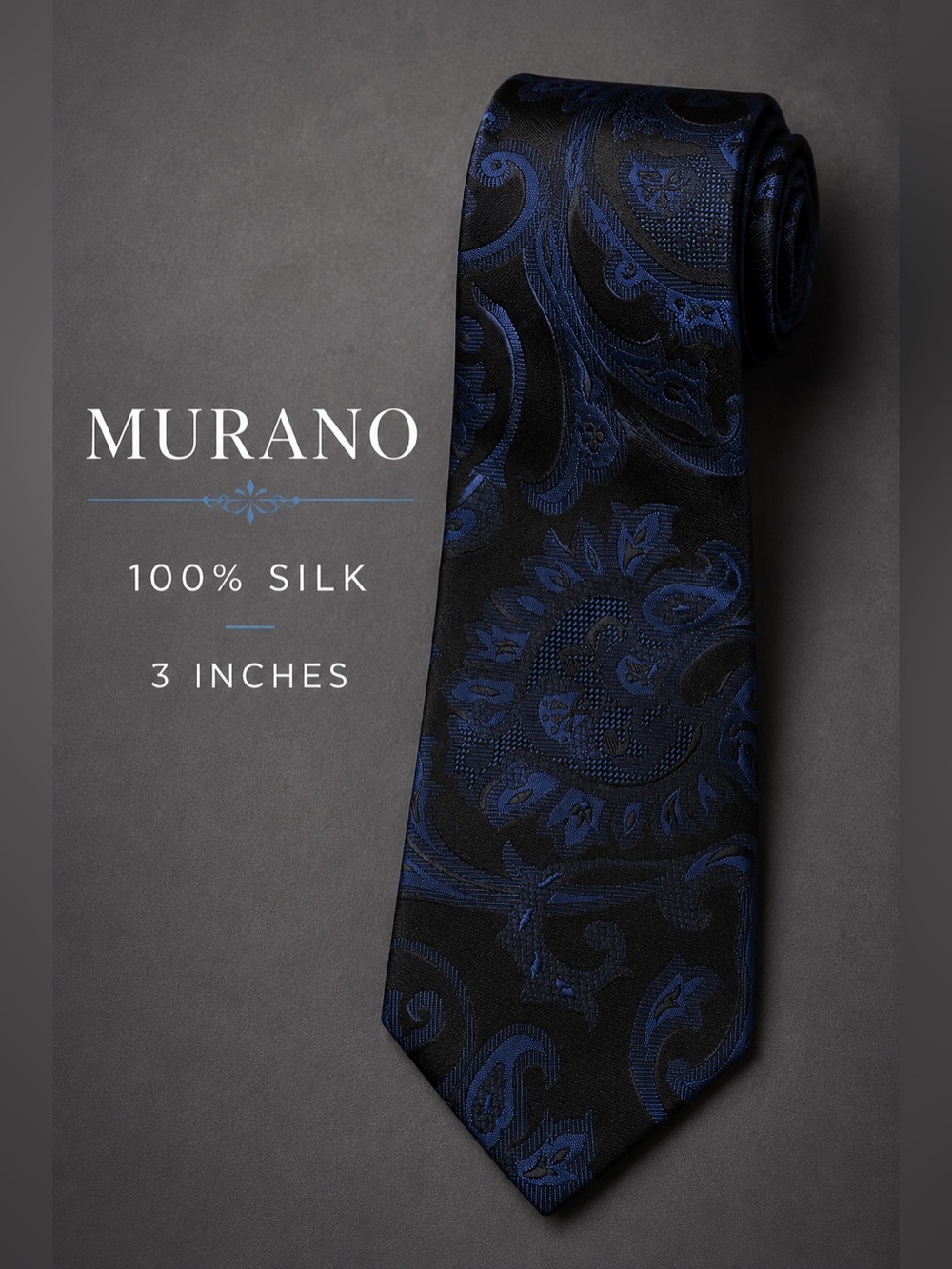 Murano 100% Silk Hand Tailored USA Black Navy Paisley Jacquard Tie 3” Slim